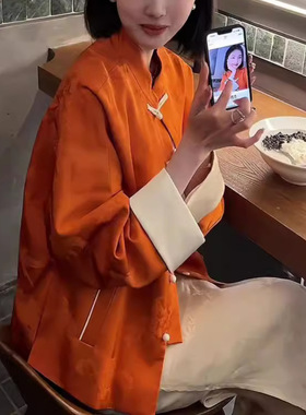 2025春季高级感独特超好看唐装新中式女装高端国风提花橙色外套