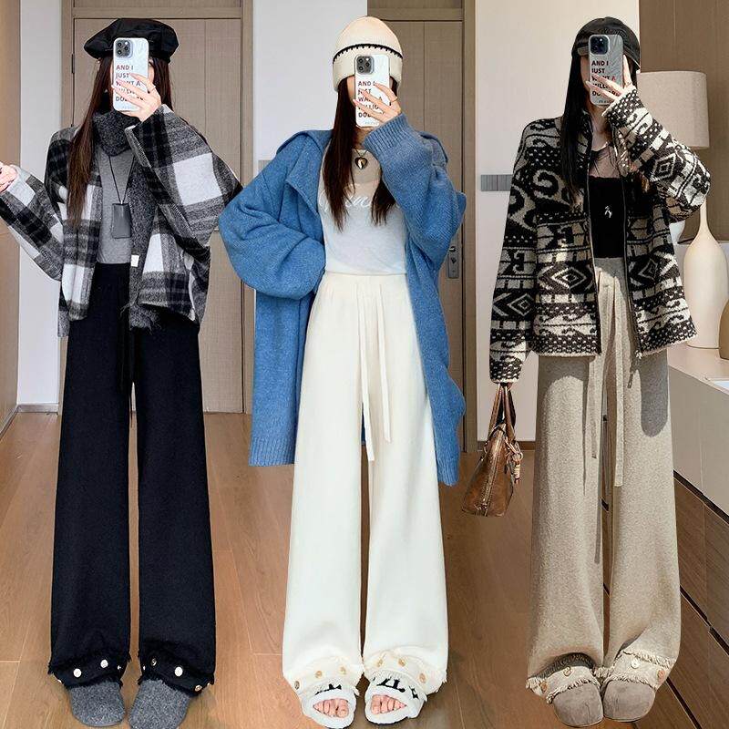 流苏重工针织阔腿裤女2026秋季新款松紧腰百搭高腰显瘦拖地休闲裤