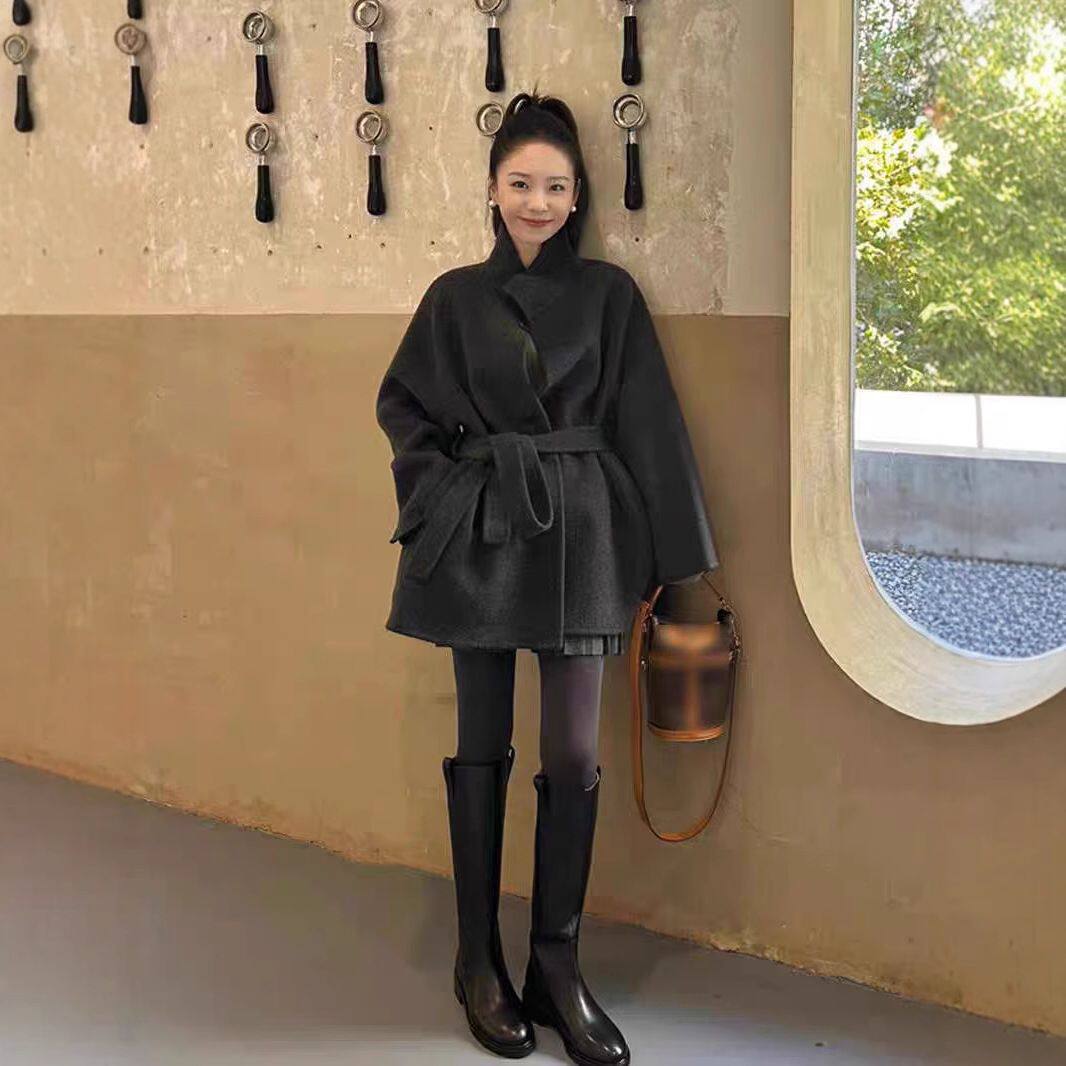 韩系小个子黑色系带收腰毛呢外套法式高级感又a又飒时尚呢子大衣