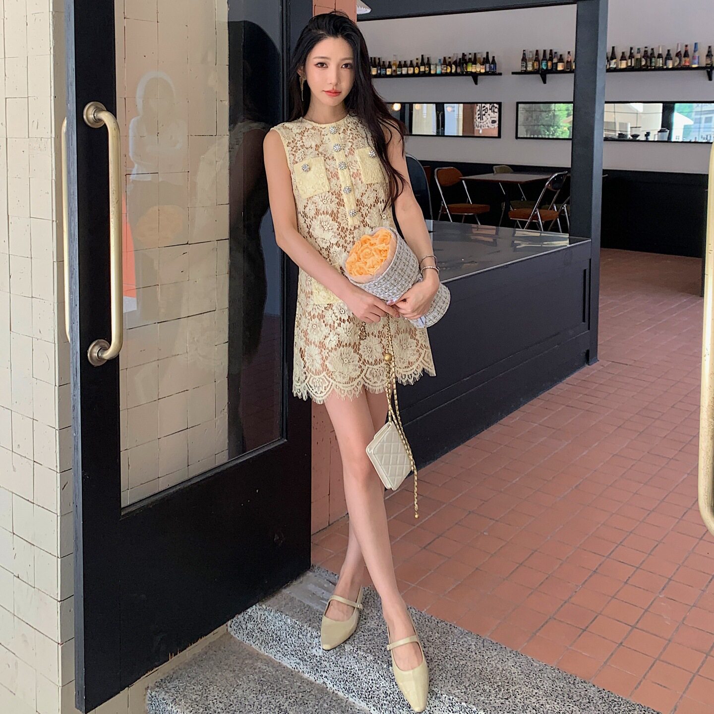 2026年春夏新款女装法式小香风蓝色睫毛蕾丝A字无袖圆领连衣裙子