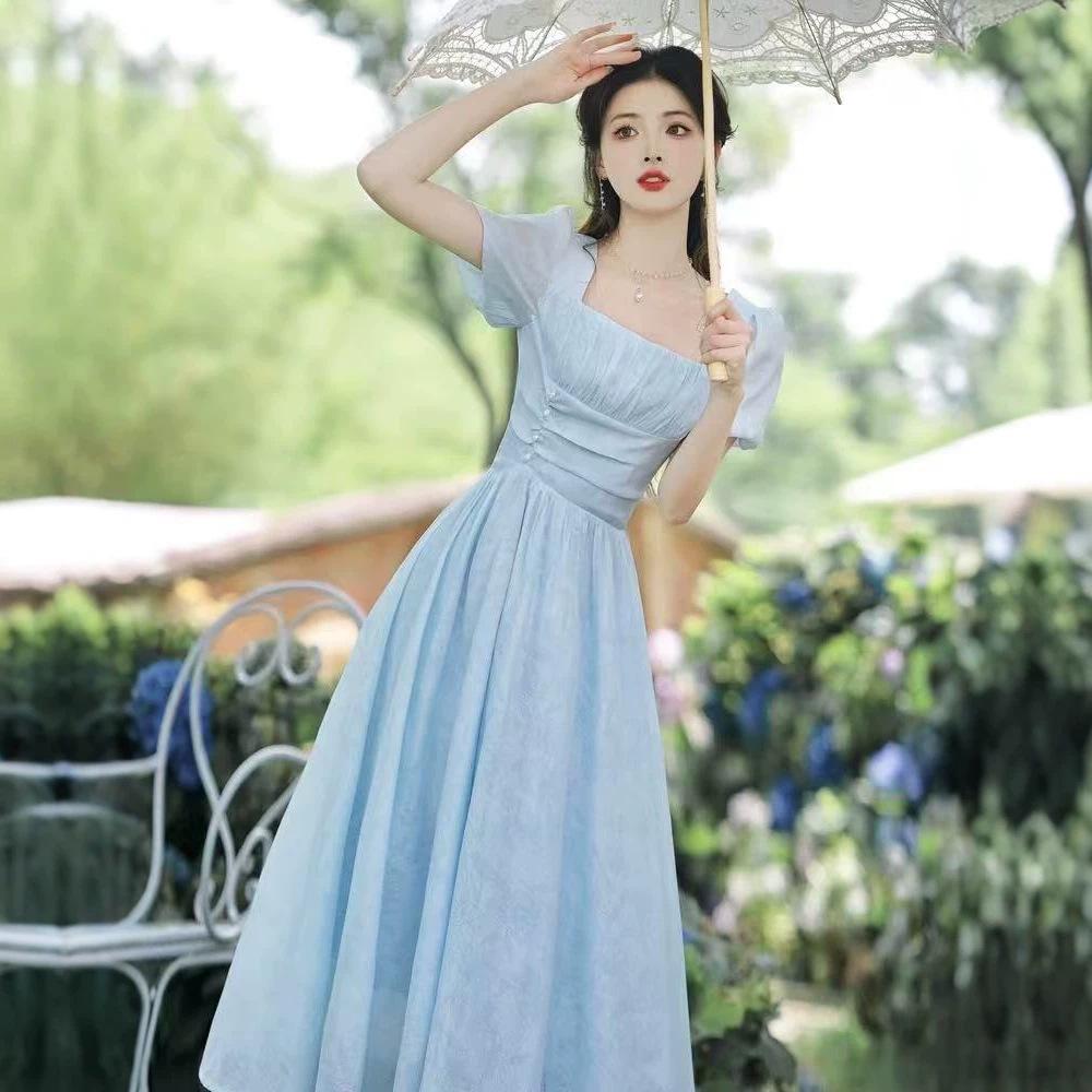 夏日多巴胺2025新款法式蓝色雪纺连衣裙漂亮绝美长裙子超仙女
