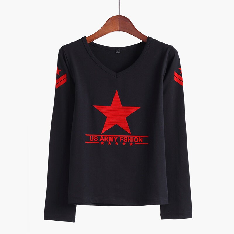 纯棉面料五角星水兵舞服装黑色圆领长袖T恤女弹力舞蹈广场舞上衣