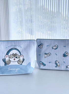 日单 mofusand鲨鱼猫卡通 可爱双面图案化妆包 帆布收纳包 拉链袋