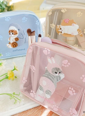 日系mofusand可爱小猫鲨鱼猫刺绣植绒化妆包拉链小物随身包补妆包