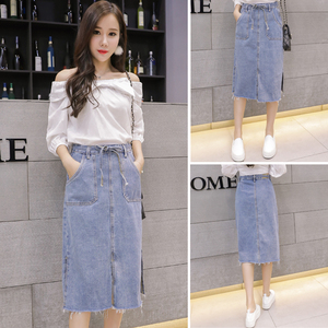 2020新款春秋夏季开叉牛仔半身裙高腰过膝百搭中长款A字包臀裙子
