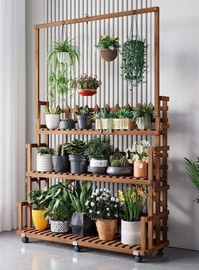 阳台实木花架子置物架室内家用多肉绿萝落地面装饰可移动带轮