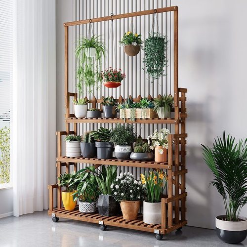 阳台实木花架子置物架室内家用多肉绿萝落地面装饰可移动带轮