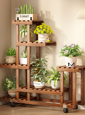 阳台防腐实木质花架子客厅多层落地可移动多肉花盆植物置物架猫爬