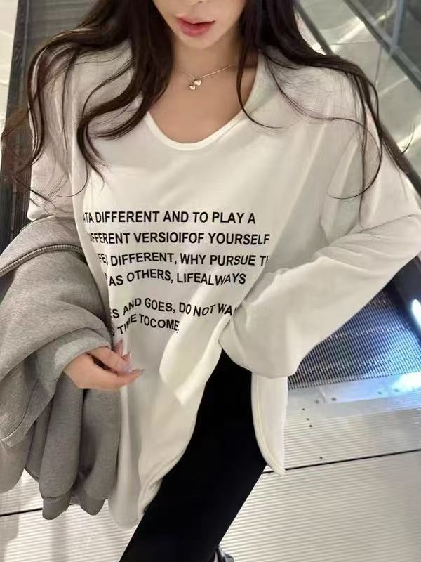 字母连帽防晒tee韩系印花衣女冬季宽松中长款爪毛罩衫T恤