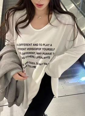 字母连帽防晒tee韩系印花衣女冬季宽松中长款爪毛罩衫T恤