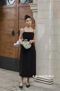 ES黑色吊带连衣裙女2024春夏爆款 收腰显瘦赫本风背心裙子2635 法式