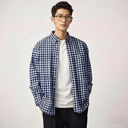 大厂单出品2025夏款格子长袖衬衫衬衣休闲上衣男女K476016/470614