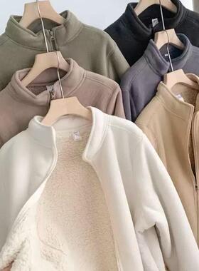 岛国单秋冬情侣款保暖羊羔绒内胆双层复合摇粒绒立领夹克外套女