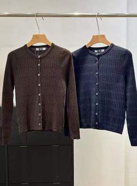 女装精纺美利奴罗纹圆领条纹针织短开衫25秋季新款481408/478336