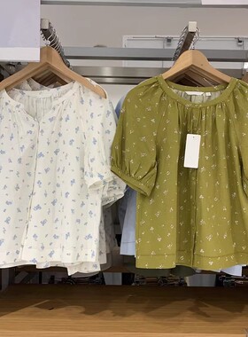 女装麻混纺印花泡泡袖短袖衬衫打褶上衣25春夏新款E477604/475655