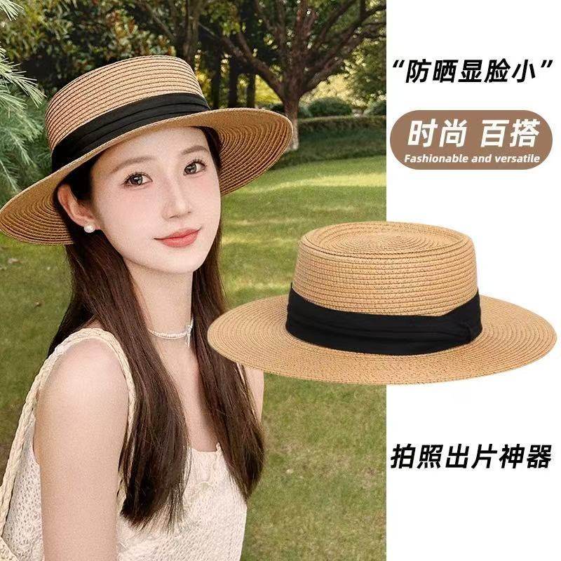法式平顶遮阳草帽子女2025新款草编礼帽夏海边度假防晒沙滩太阳帽