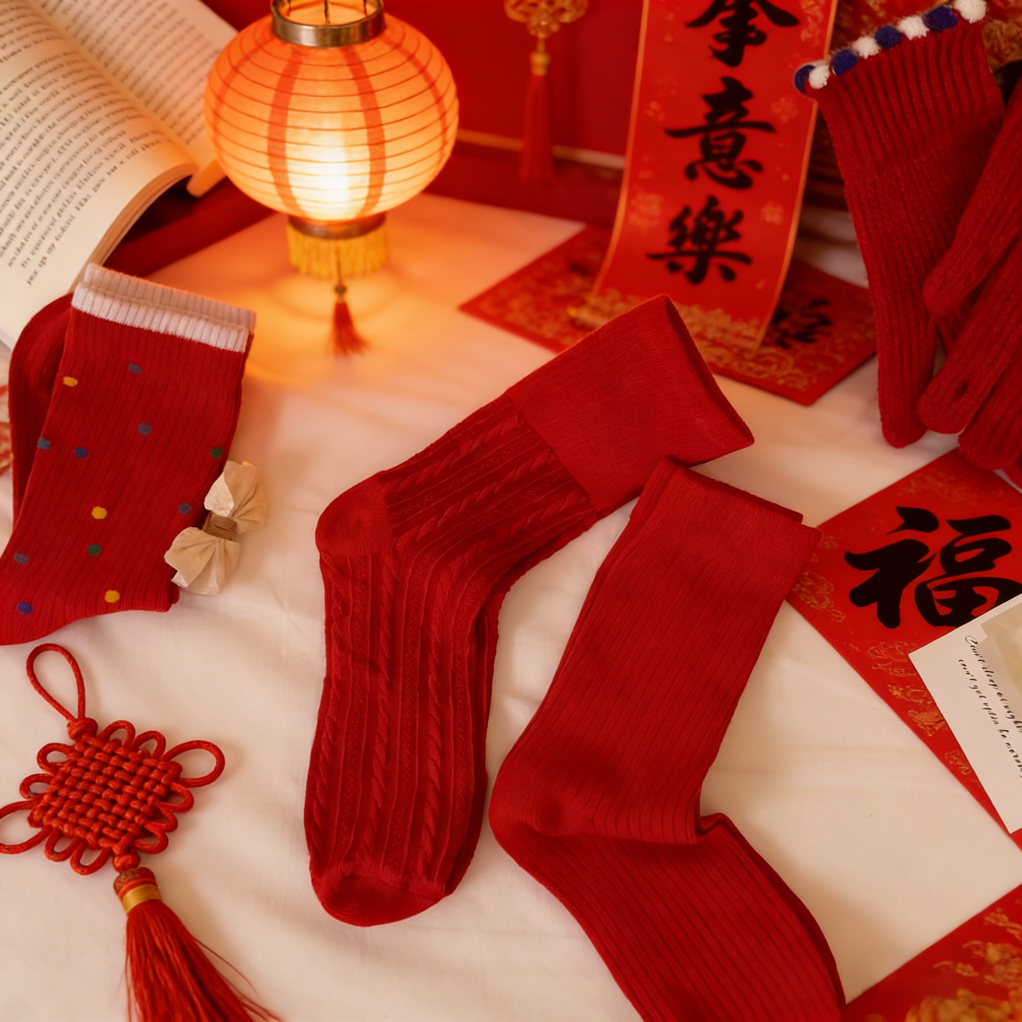 暖冬本命红新年女长筒堆堆袜