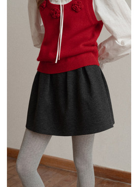 EGGKA深灰压褶设计a字毛呢半身裙女秋冬高腰简约气质显瘦复古短裙