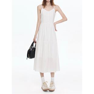 白色简约吊带连衣裙女2025秋季小个子高腰显瘦气质百搭中长款裙子