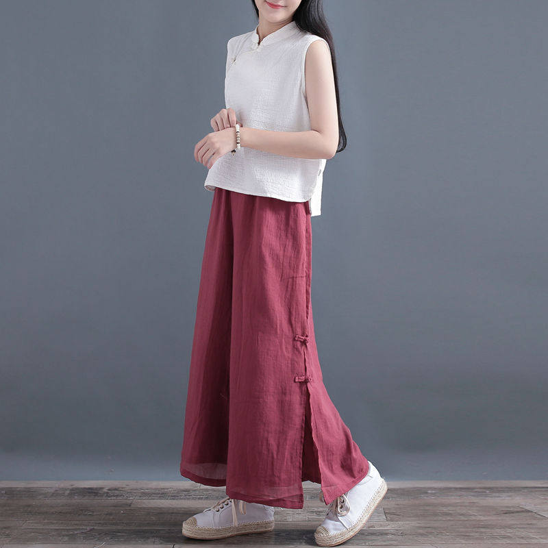 清仓原创棉麻双层开衩盘扣阔腿裤薄款长裤子女夏文艺范复古九分裤