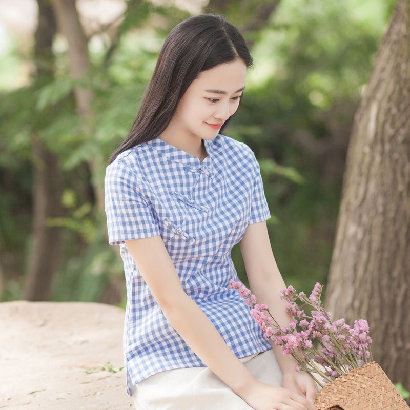 2026夏季纯棉秀气格子衬衫女新中式文艺清新斜襟盘扣修身旗袍上衣