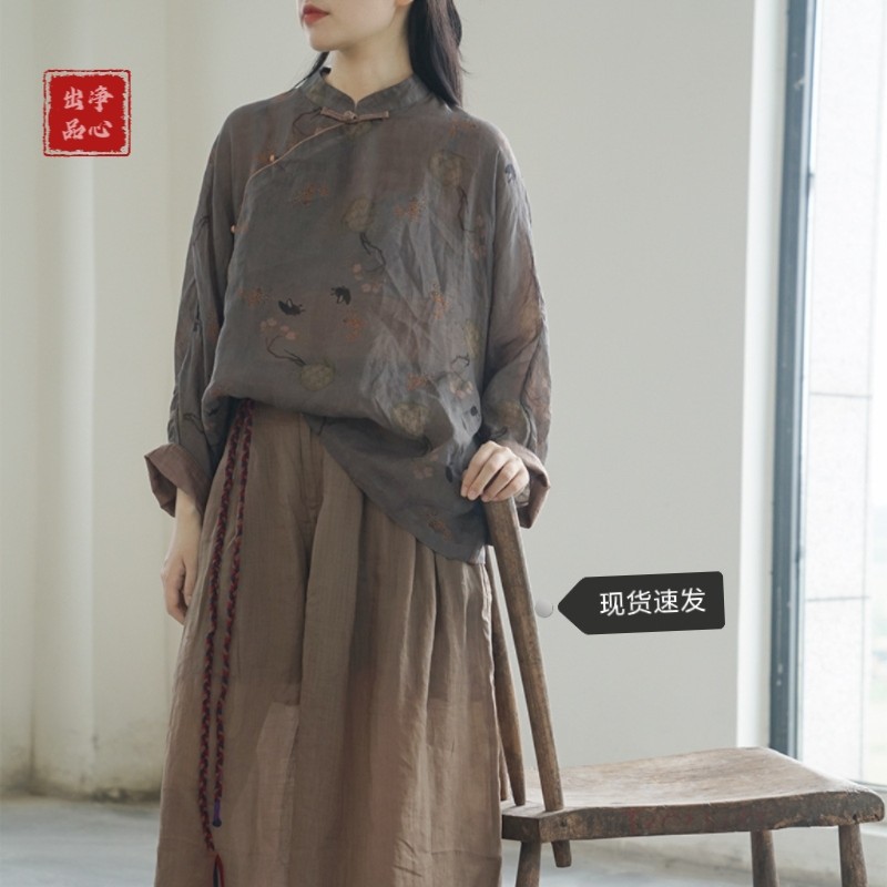新中式苎麻上衣女夏国风斜襟盘扣衬衫文艺印花显瘦宽松薄棉麻茶服