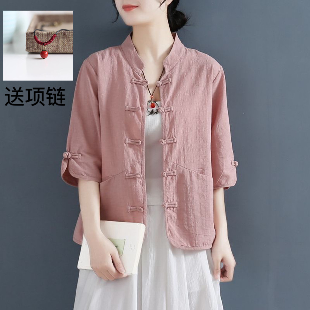 春夏中袖唐装女外搭中式盘扣复古衬衫文艺范茶服国风棉麻开衫上衣