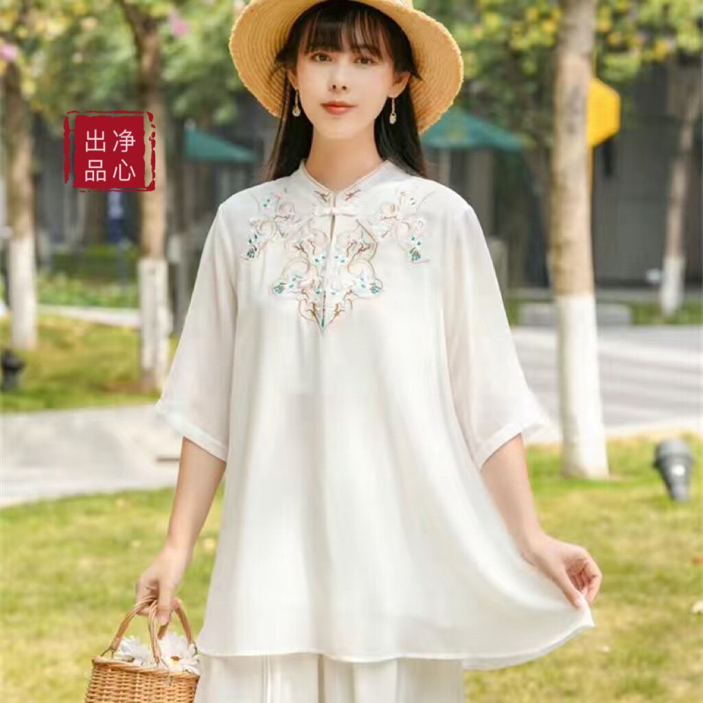 原创春夏禅服女中国风唐装太极服刺绣盘扣中式上衣立领中袖练功服
