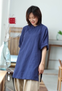2026春夏原创茶服女中长款纯色衬衫文艺复古斜襟立领盘扣苎麻上衣