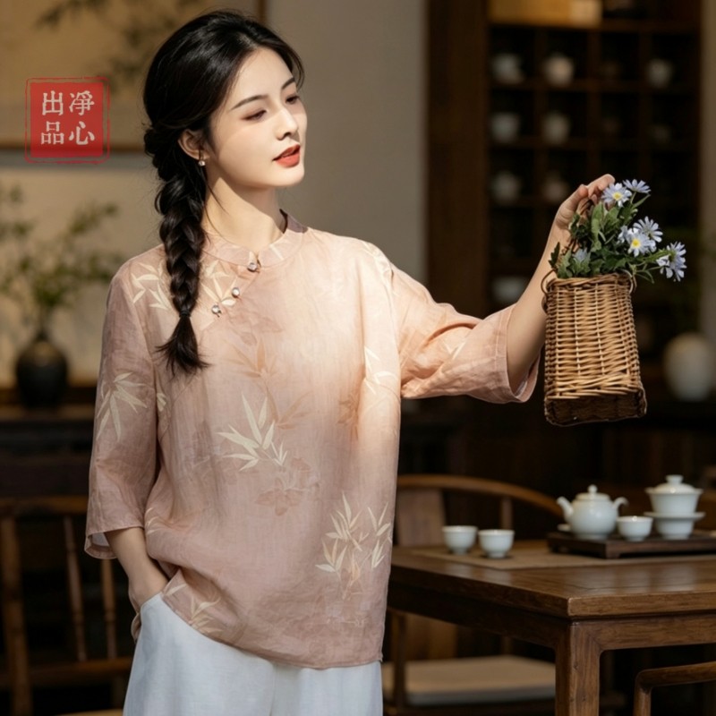 新中式复古双层纯苎麻衬衣女夏竹叶印花纯棉里料亲肤透气显瘦上衣