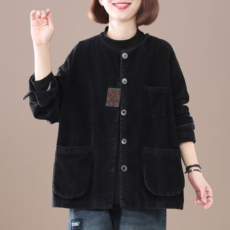 纯棉灯芯绒长袖外套女2025春季新款韩版大码遮肉复古休闲贴布上衣