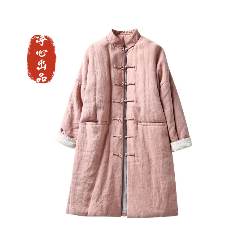 原创中长款棉麻外套女复古改良唐装中式国风盘扣棉服加厚保暖棉衣