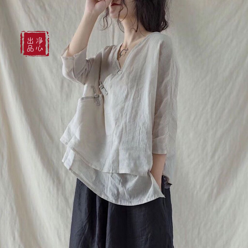原创春夏季亚麻上衣女斜襟V领盘扣茶服中式改良汉服宽松纯色小衫