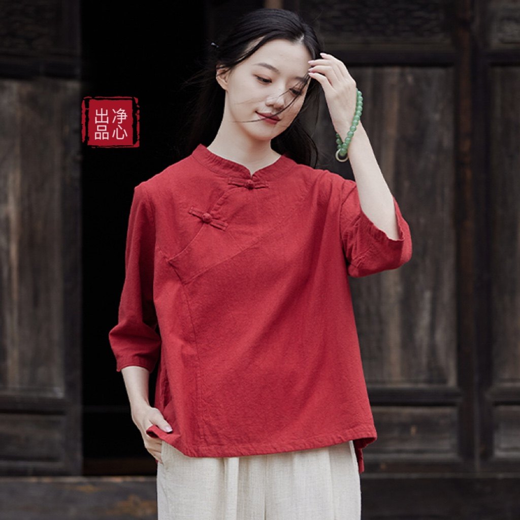 原创春秋棉麻茶服女新中式国风盘扣斜襟立领上衣文艺复古禅意T恤