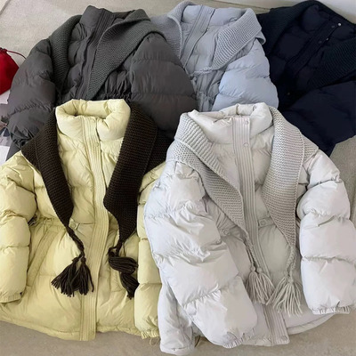 披肩款90白鸭绒羽绒服女中长款连帽配针织披肩保暖显瘦外套Zge冬