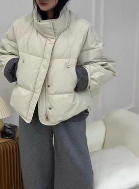 韩系袖子拼接格子羽绒服女2025冬立领宽松白鸭绒短外套上衣95850