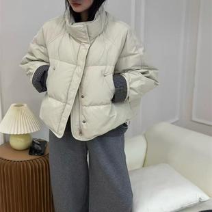 韩系袖子拼接格子羽绒服女2025冬立领宽松白鸭绒短外套上衣95850