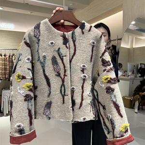 复古90白鸭绒羽绒服羊毛女2024冬气质小个子植绒提花加厚呢子上衣