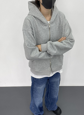 VTPS国潮情侣春季cleanfit重磅短款开衫拉链连帽卫衣男女宽松外套