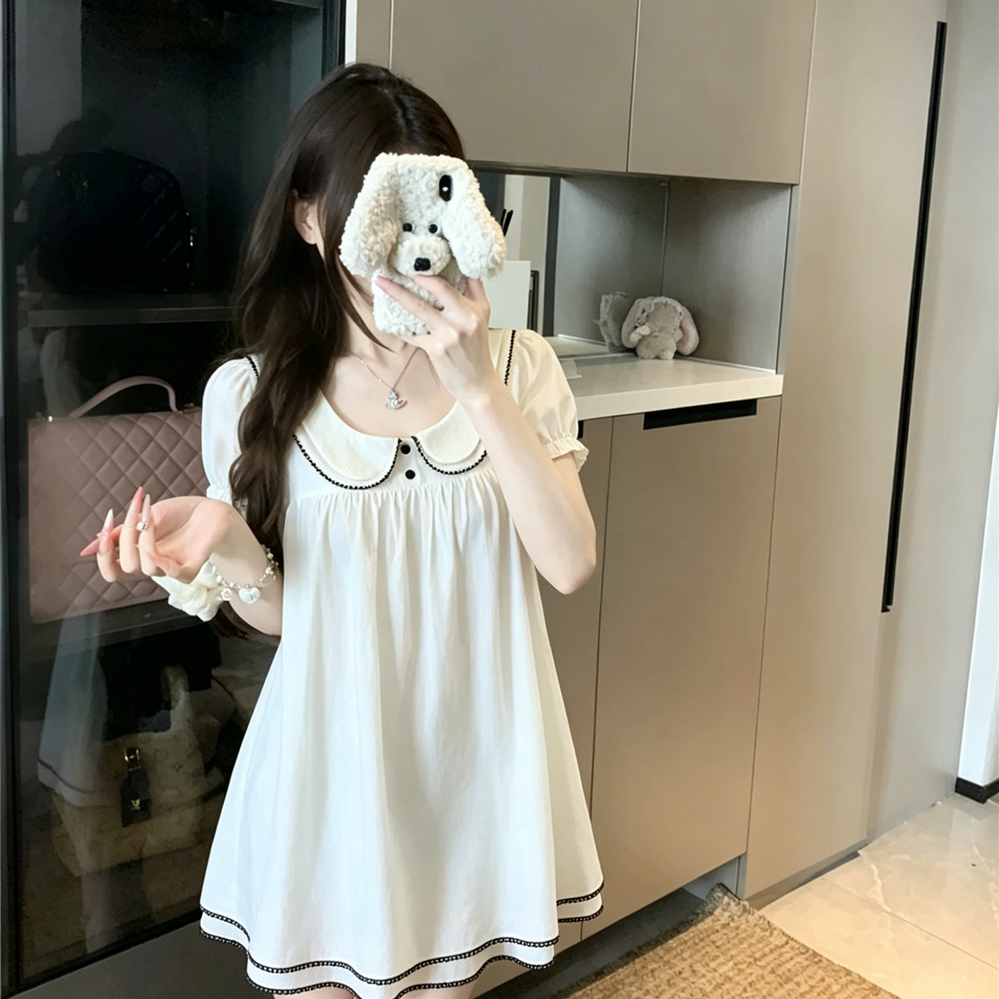 实拍~法式复古娃娃领泡泡袖连衣裙女夏季高腰A字短裙