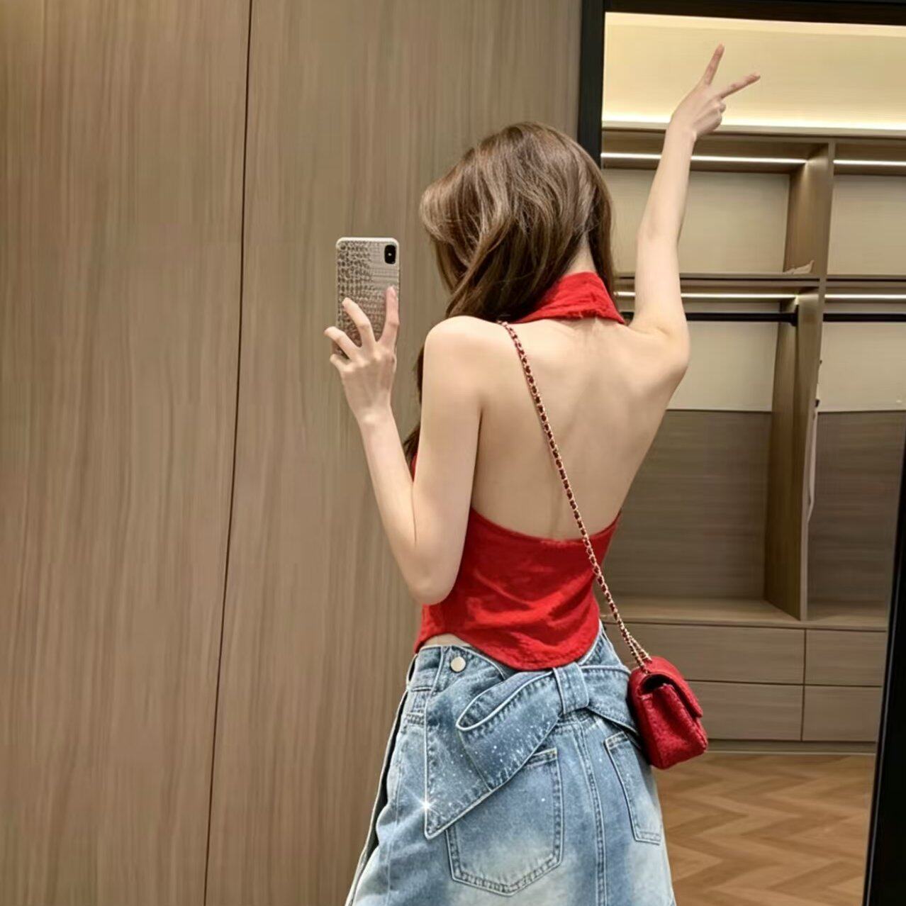 实拍原创可拆卸蝴蝶结烫钻牛仔短裙女夏高腰A字显瘦翘臀辣妹裙子