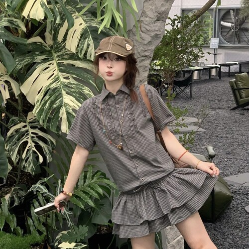 日系复古格纹木耳边短袖衬衫连衣裙女夏季2026新款时尚蛋糕裙短裙