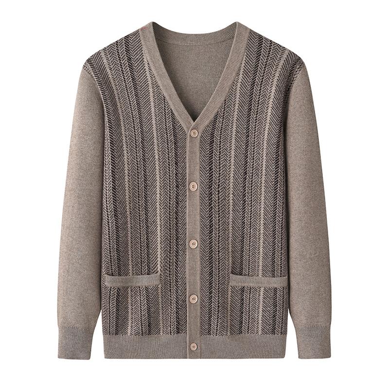 2024秋冬新款中老年羊毛衫加厚竖纹宽松带兜爸爸爷爷装开衫外套男