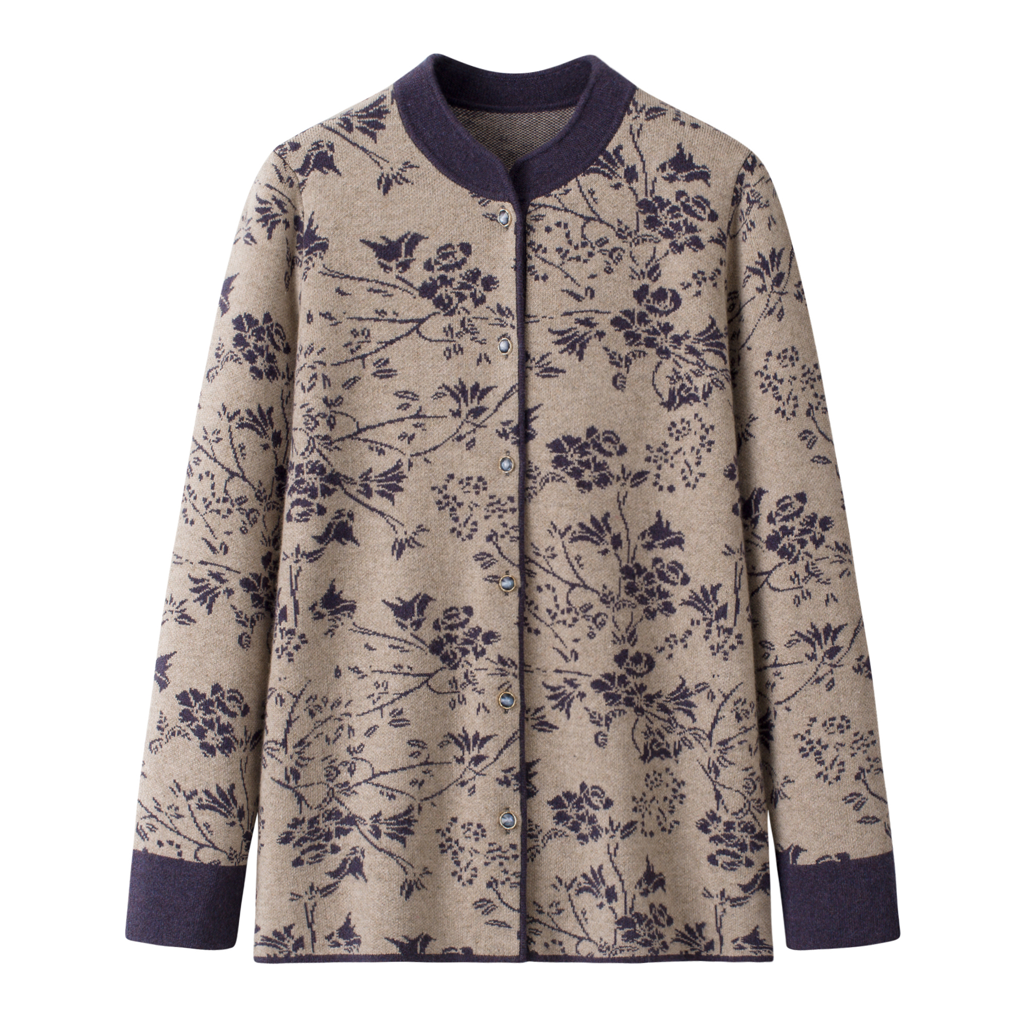 新中式中老年妈妈装立领100%纯羊毛开衫加厚保暖宽松花朵毛衣外套