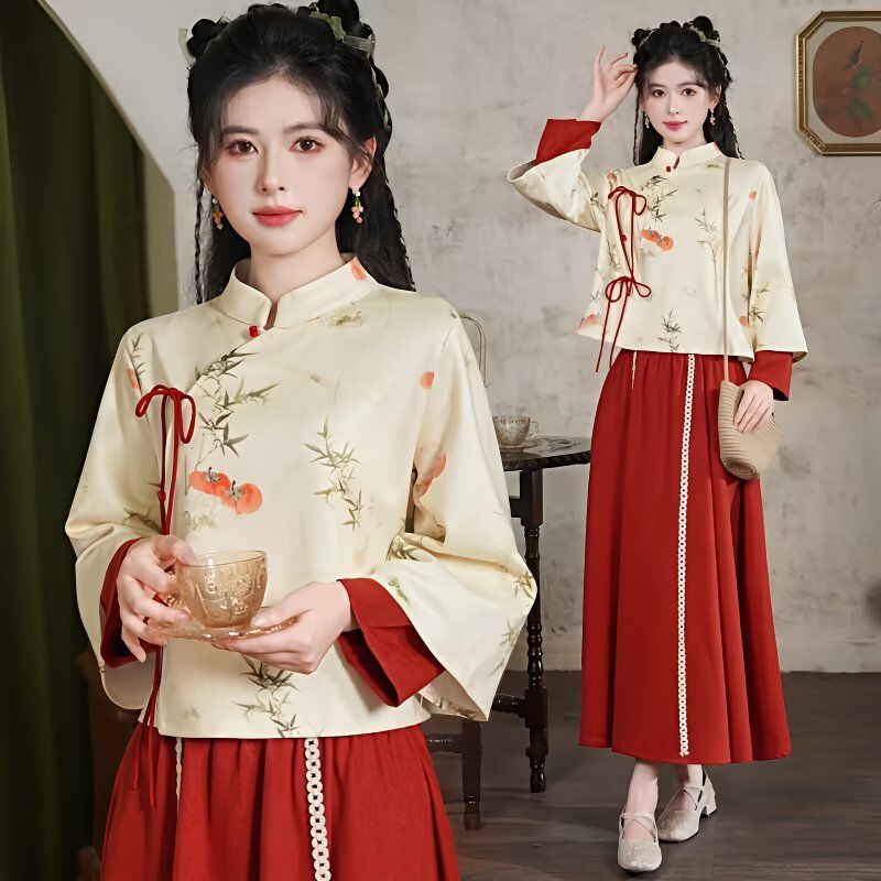 汉服女2026新款秋冬民族风中国风长袖文艺复古茶服立领宽松两件套