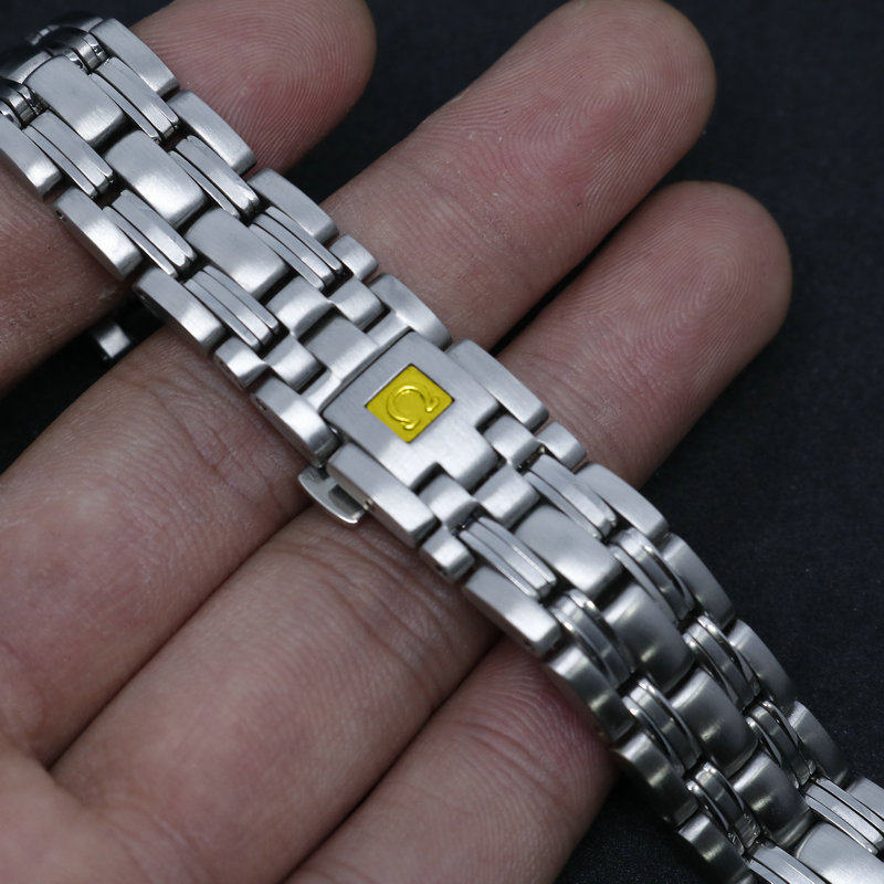 适配欧米茄海马手表带女单按折叠扣实心不锈钢带精钢表链配件14mm