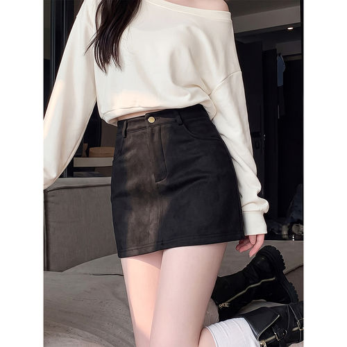 黑色半裙女秋季新款辣妹高腰显瘦包臀短裙小个子鹿皮绒A字半身裙
