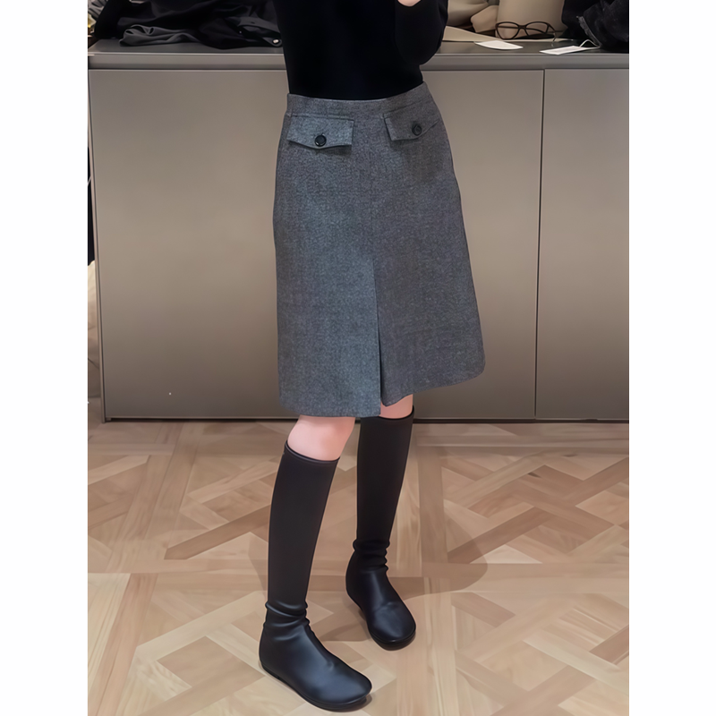 灰色毛呢半身裙女2025秋季流行新款高腰显瘦通勤设计感百搭中长裙