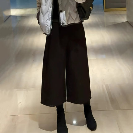 黑色厚款毛呢阔腿裤女八分裤2025冬季新款通勤简约宽松显瘦直筒裤
