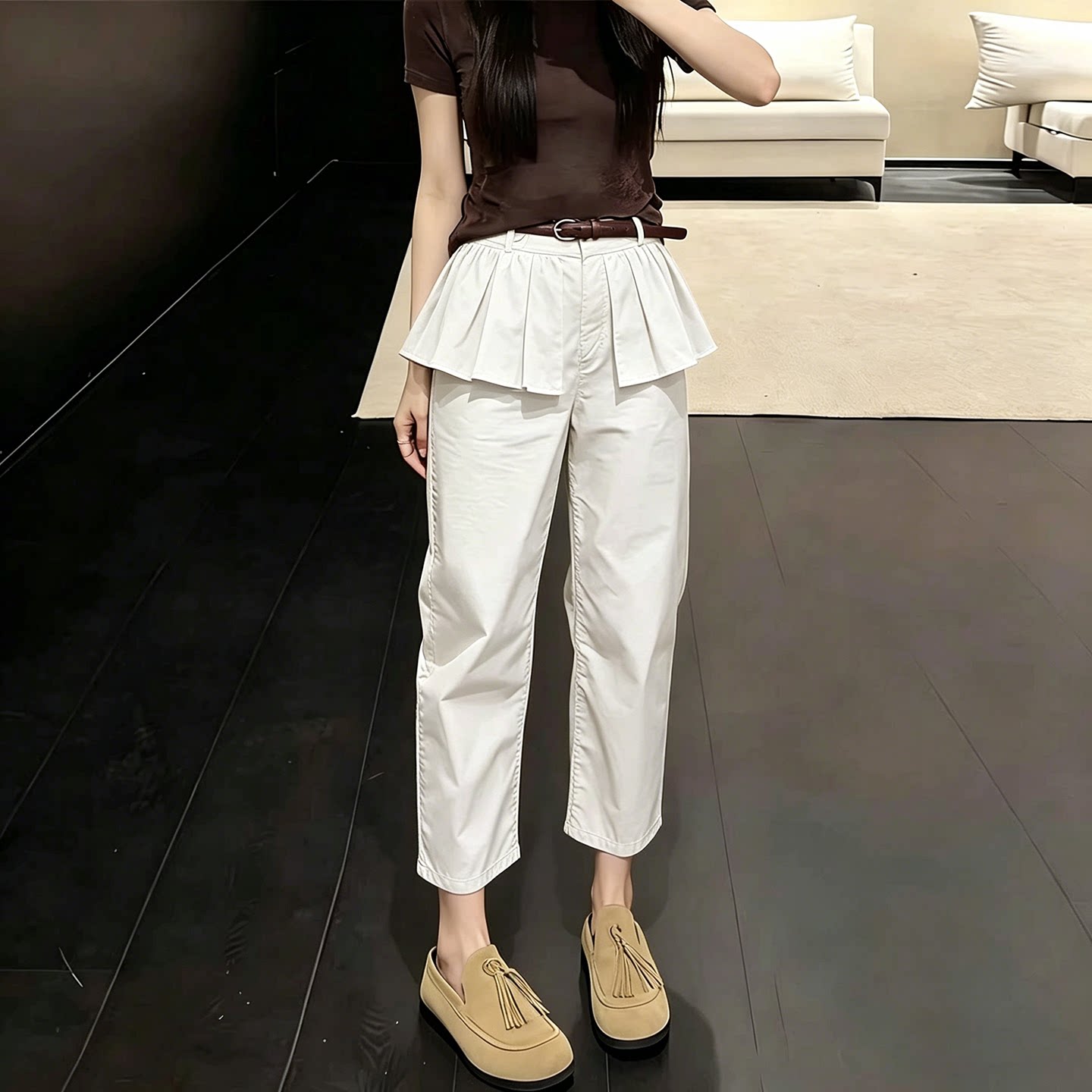 白色假两件九分裤女2026夏季流行新款高腰气质减龄小众百搭屁帘裤图片